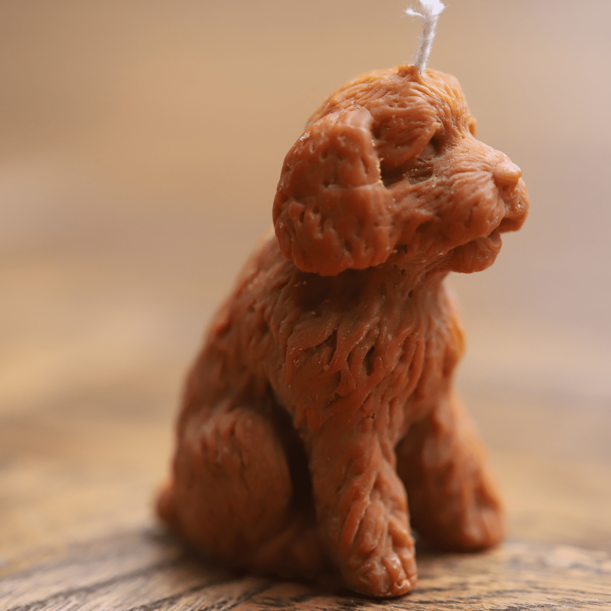 Bougie artisanale en forme de chien couleur brun, parfaite pour une décoration chaleureuse et originale. Idéale pour les passionnés d'animaux et les amateurs de pièces uniques.