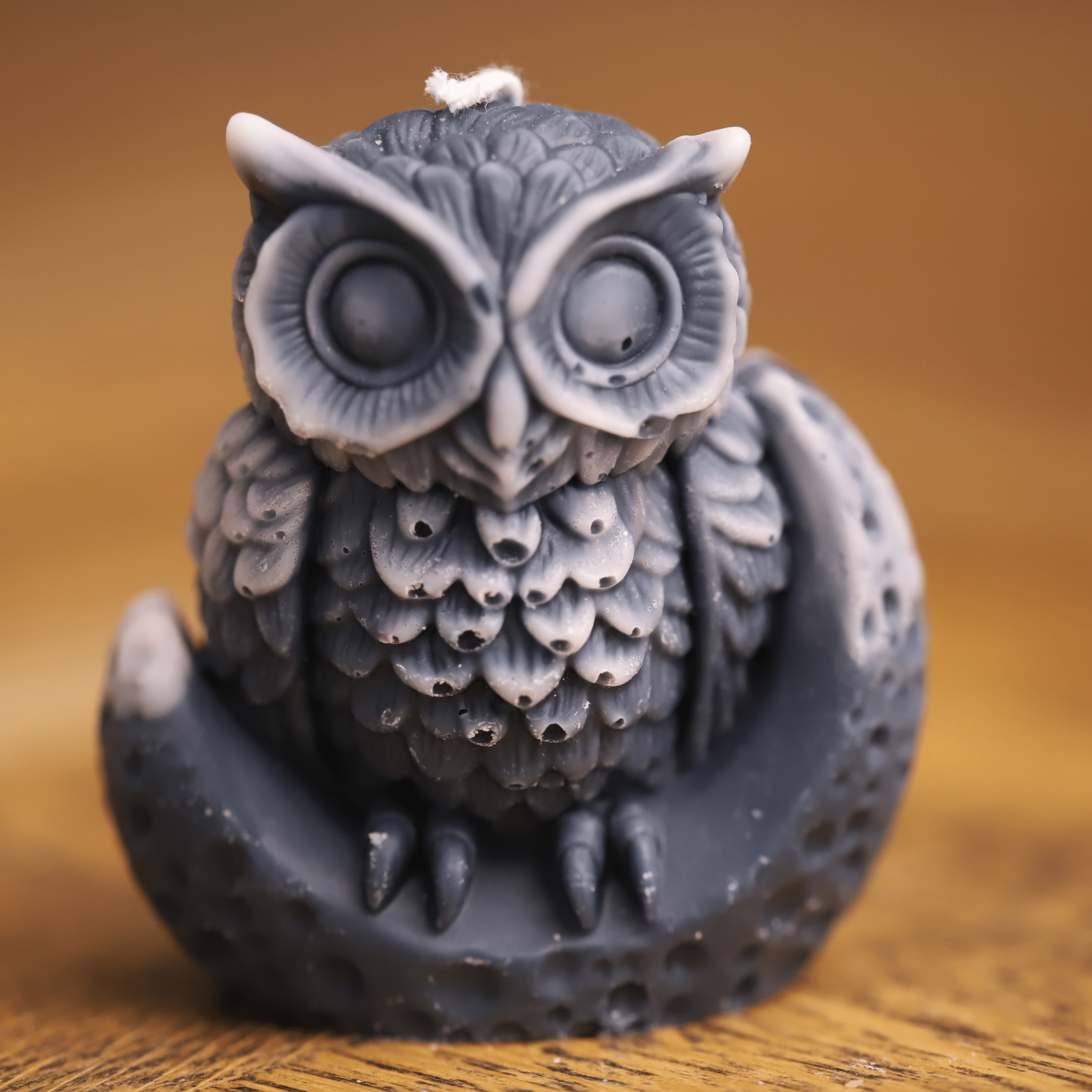 Bougie artisanale en forme de hibou perché sur un croissant de lune, minutieusement détaillée avec des plumes finement sculptées. Parfaite pour une décoration inspirée de la nature et du mystère, elle ravira les amateurs de chouettes et d'ambiance feutrée.