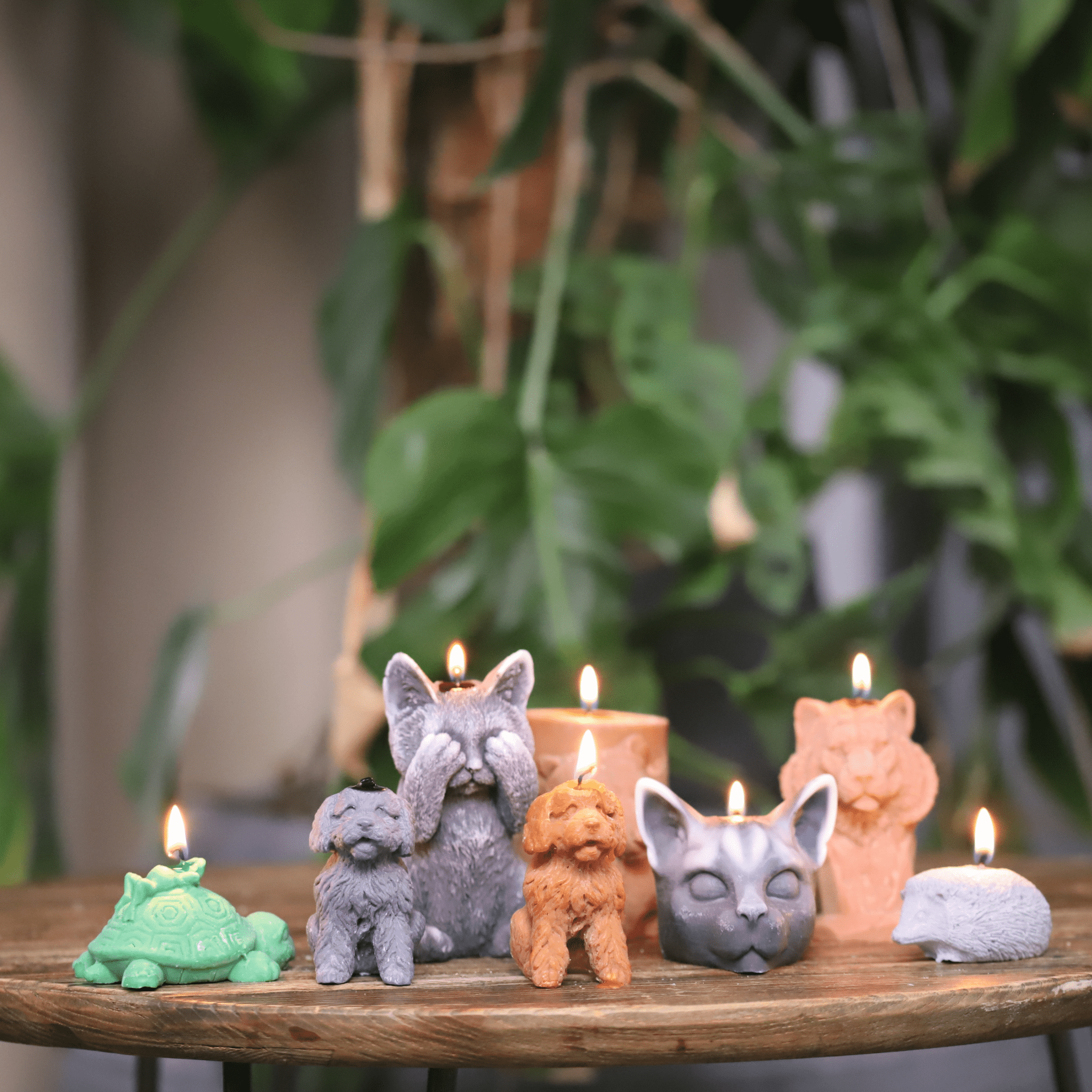 Bougies artisanales en forme d'animaux allumées sur une table en bois, parfaites pour une décoration originale et chaleureuse.