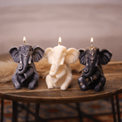 Bougies artisanales en forme d'éléphant, disponibles en trois teintes élégantes : gris, blanc et noir avec des ornements dorés. Elles ajoutent une touche exotique et chaleureuse à votre intérieur, parfaites pour les passionnés de pachydermes et de décoration exotique.