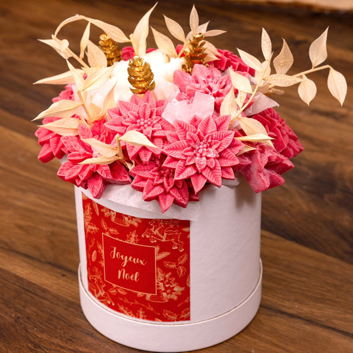 Bouquet de Noël XXL rouge en bougies poinsettia, boîte Joyeux Noël