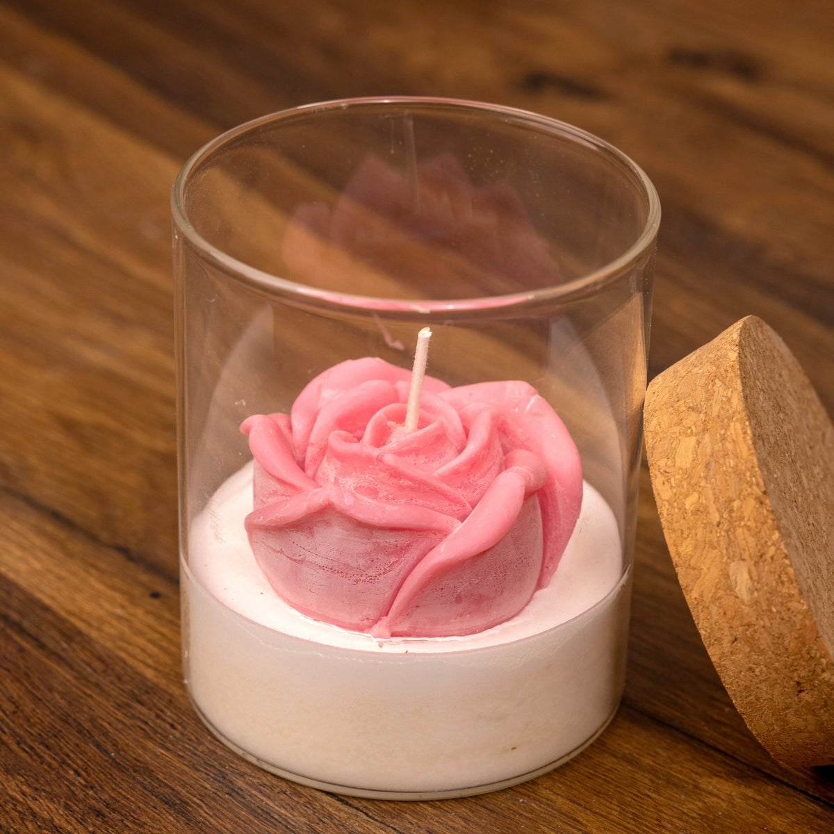 Bougie verrine rose rose avec couvercle en liège