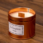 Bougie parfumée Pivoine La Bougiterie en boîte métal cuivrée, mèche en bois